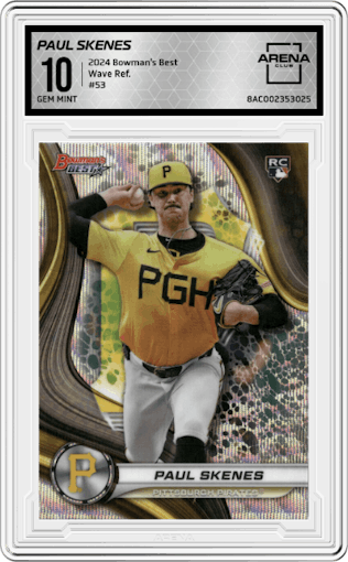 Paul Skenes from the 2024 Bowman's Best set featuring a Wave Refractor parallel graded by Arena Club and given an overall grade of 10.