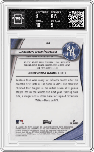 Jasson Dominguez from the 2024 Bowman's Best set featuring a Purple Refractor parallel graded by Arena Club and given an overall grade of 9.5.