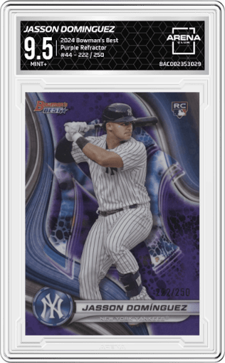 Jasson Dominguez from the 2024 Bowman's Best set featuring a Purple Refractor parallel graded by Arena Club and given an overall grade of 9.5.