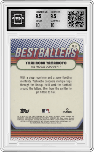 Yoshinobu Yamamoto from the 2024 Bowman's Best set graded by Arena Club and given an overall grade of 10.