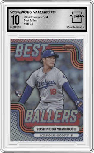 Yoshinobu Yamamoto from the 2024 Bowman's Best set graded by Arena Club and given an overall grade of 10.