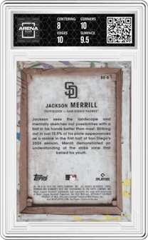 Jackson Merrill from the 2024 Bowman's Best set graded by Arena Club and given an overall grade of 8.5.
