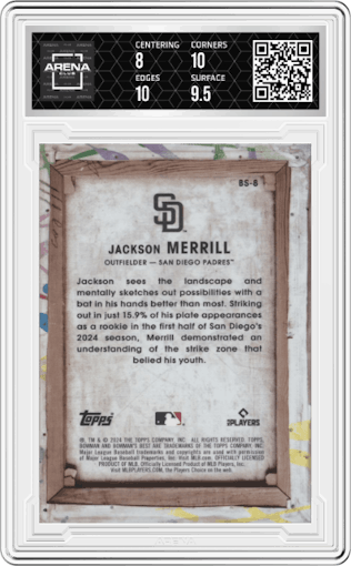 Jackson Merrill from the 2024 Bowman's Best set graded by Arena Club and given an overall grade of 8.5.
