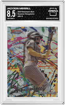 Jackson Merrill from the 2024 Bowman's Best set graded by Arena Club and given an overall grade of 8.5.