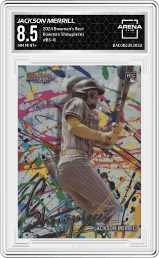 Jackson Merrill from the 2024 Bowman's Best set graded by Arena Club and given an overall grade of 8.5.