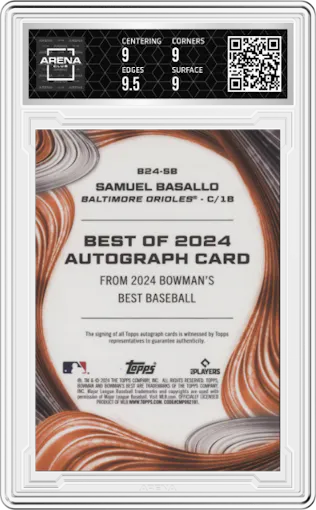 Samuel Basallo from the 2024 Bowman's Best set graded by Arena Club and given an overall grade of 9.