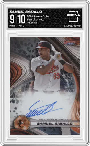 Samuel Basallo from the 2024 Bowman's Best set graded by Arena Club and given an overall grade of 9.