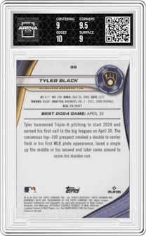Tyler Black from the 2024 Bowman's Best set featuring a Purple Refractor parallel graded by Arena Club and given an overall grade of 9.5.