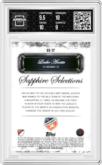 Lucho Acosta from the 2024 Topps Chrome Sapphire Edition MLS set graded by Arena Club and given an overall grade of 9.5.