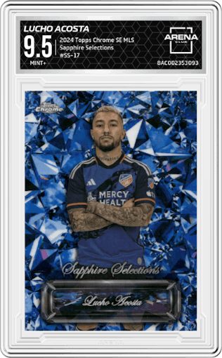 Lucho Acosta from the 2024 Topps Chrome Sapphire Edition MLS set graded by Arena Club and given an overall grade of 9.5.