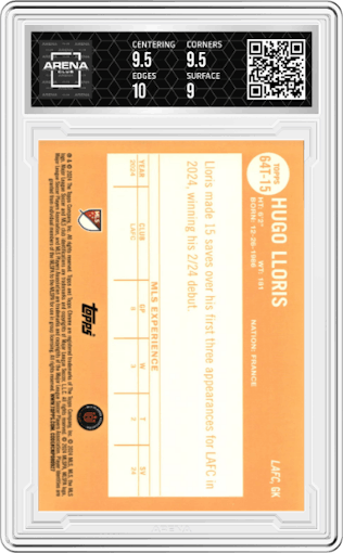 Hugo Lloris from the 2024 Topps Chrome Sapphire Edition MLS set graded by Arena Club and given an overall grade of 9.5.
