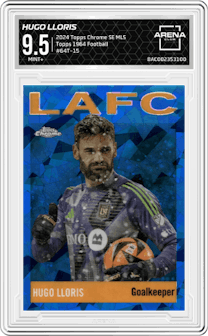 Hugo Lloris from the 2024 Topps Chrome Sapphire Edition MLS set graded by Arena Club and given an overall grade of 9.5.