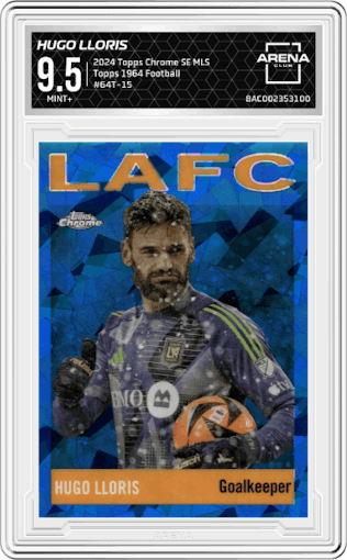 Hugo Lloris from the 2024 Topps Chrome Sapphire Edition MLS set graded by Arena Club and given an overall grade of 9.5.