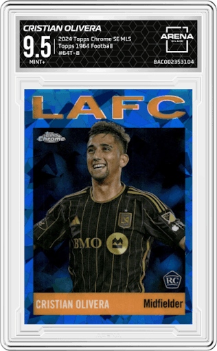 Cristian Olivera from the 2024 Topps Chrome Sapphire Edition MLS set graded by Arena Club and given an overall grade of 9.5.