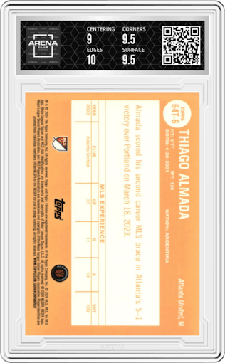 Thiago Almada from the 2024 Topps Chrome Sapphire Edition MLS set graded by Arena Club and given an overall grade of 9.5.