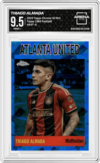 Thiago Almada from the 2024 Topps Chrome Sapphire Edition MLS set graded by Arena Club and given an overall grade of 9.5.