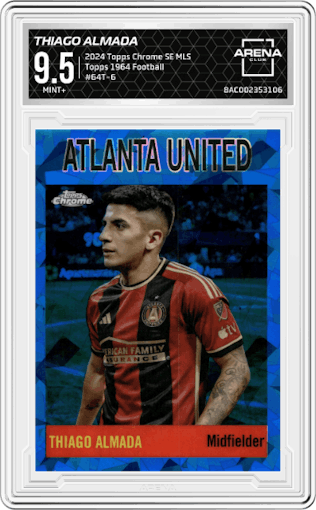 Thiago Almada from the 2024 Topps Chrome Sapphire Edition MLS set graded by Arena Club and given an overall grade of 9.5.