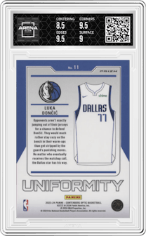 Luka Doncic from the 2023-24 Panini Contenders Optic set graded by Arena Club and given an overall grade of 9.
