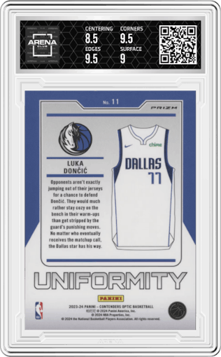 Luka Doncic from the 2023-24 Panini Contenders Optic set graded by Arena Club and given an overall grade of 9.