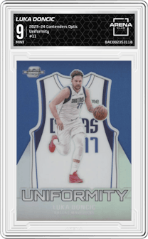 Luka Doncic from the 2023-24 Panini Contenders Optic set graded by Arena Club and given an overall grade of 9.