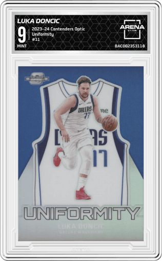Luka Doncic from the 2023-24 Panini Contenders Optic set graded by Arena Club and given an overall grade of 9.