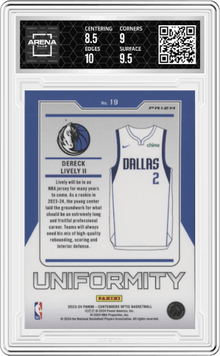 Dereck Lively II from the 2023-24 Panini Contenders Optic set graded by Arena Club and given an overall grade of 9.