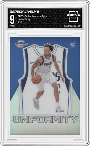 Dereck Lively II from the 2023-24 Panini Contenders Optic set graded by Arena Club and given an overall grade of 9.