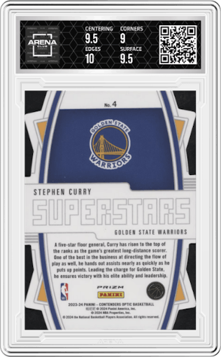 Stephen Curry from the 2023-24 Panini Contenders Optic set graded by Arena Club and given an overall grade of 9.5.