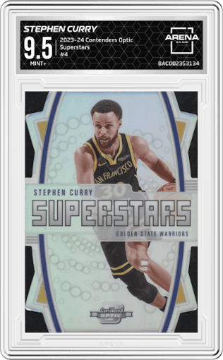 Stephen Curry from the 2023-24 Panini Contenders Optic set graded by Arena Club and given an overall grade of 9.5.