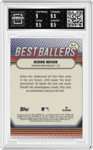Aidan Miller from the 2024 Bowman's Best set graded by Arena Club and given an overall grade of 9.