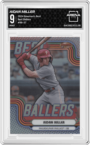 Aidan Miller from the 2024 Bowman's Best set graded by Arena Club and given an overall grade of 9.