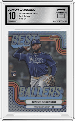 Junior Caminero from the 2024 Bowman's Best set graded by Arena Club and given an overall grade of 10.