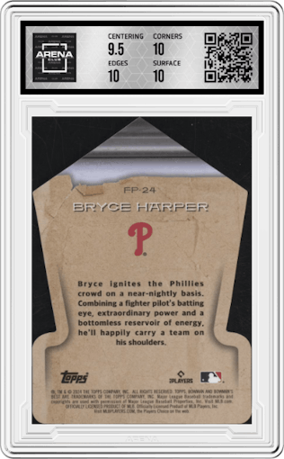 Bryce Harper from the 2024 Bowman's Best set graded by Arena Club and given an overall grade of 10.