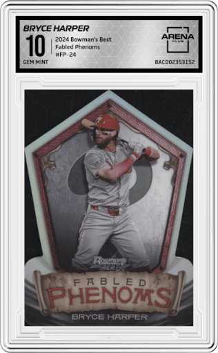Bryce Harper from the 2024 Bowman's Best set graded by Arena Club and given an overall grade of 10.