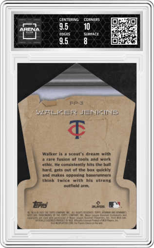 Walker Jenkins from the 2024 Bowman's Best set graded by Arena Club and given an overall grade of 8.5.