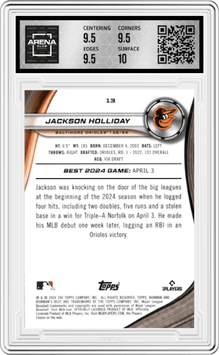 Jackson Holliday  from the 2024 Bowman's Best set featuring a Wave Refractor parallel graded by Arena Club and given an overall grade of 10.