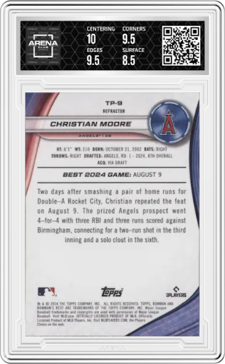 Christian Moore	 from the 2024 Bowman's Best set featuring a Refractor parallel graded by Arena Club and given an overall grade of 9.