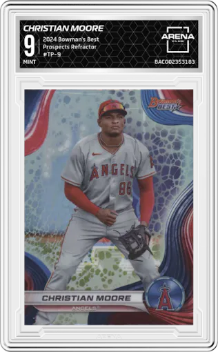 Christian Moore	 from the 2024 Bowman's Best set featuring a Refractor parallel graded by Arena Club and given an overall grade of 9.
