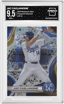 Jac Caglianone from the 2024 Bowman's Best set featuring a Refractor parallel graded by Arena Club and given an overall grade of 9.5.