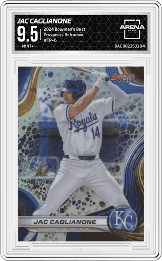 Jac Caglianone from the 2024 Bowman's Best set featuring a Refractor parallel graded by Arena Club and given an overall grade of 9.5.