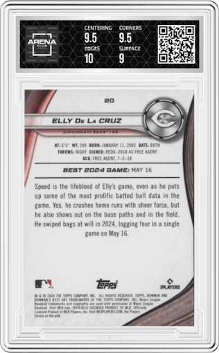 Elly De La Cruz from the 2024 Bowman's Best set graded by Arena Club and given an overall grade of 9.5.