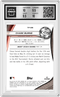 Chase Burns from the 2024 Bowman's Best set featuring a Wave Refractor parallel graded by Arena Club and given an overall grade of 10.