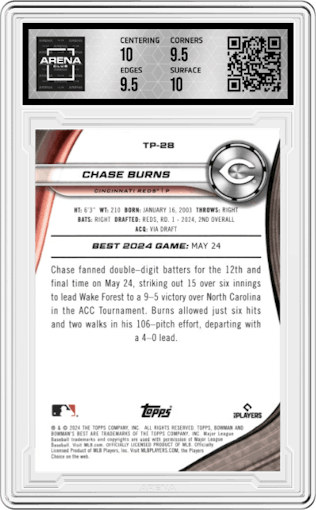 Chase Burns from the 2024 Bowman's Best set featuring a Wave Refractor parallel graded by Arena Club and given an overall grade of 10.