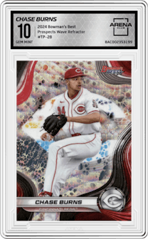 Chase Burns from the 2024 Bowman's Best set featuring a Wave Refractor parallel graded by Arena Club and given an overall grade of 10.