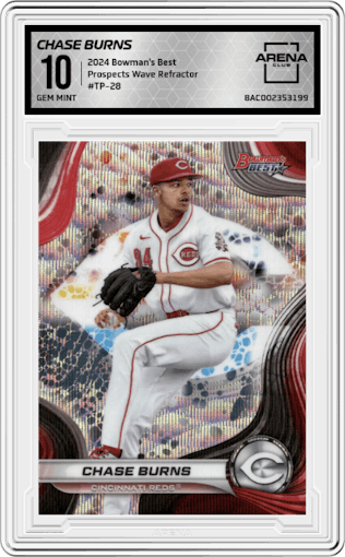 Chase Burns from the 2024 Bowman's Best set featuring a Wave Refractor parallel graded by Arena Club and given an overall grade of 10.