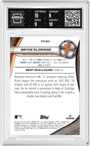  Bryce Eldridge  from the 2024 Bowman's Best set featuring a Wave Refractor parallel graded by Arena Club and given an overall grade of 9.5.