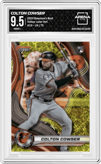 Colton Cowser from the 2024 Bowman's Best set featuring a Yellow Lazer Refractors parallel graded by Arena Club and given an overall grade of 9.5.