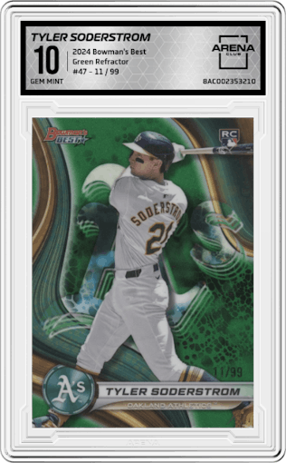 Tyler Soderstrom from the 2024 Bowman's Best set featuring a Green Refractor parallel graded by Arena Club and given an overall grade of 10.