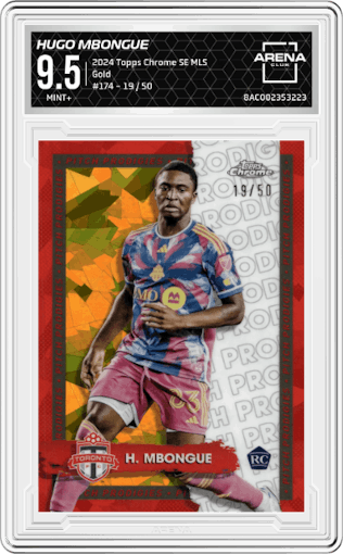 Hugo Mbongue from the 2024 Topps Chrome Sapphire Edition MLS set featuring a Gold parallel graded by Arena Club and given an overall grade of 9.5.