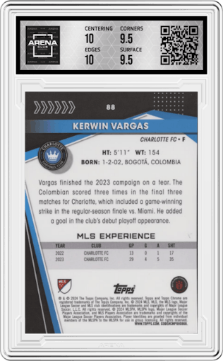 Kerwin Vargas  from the 2024 Topps Chrome Sapphire Edition MLS set featuring a Orange parallel graded by Arena Club and given an overall grade of 10.